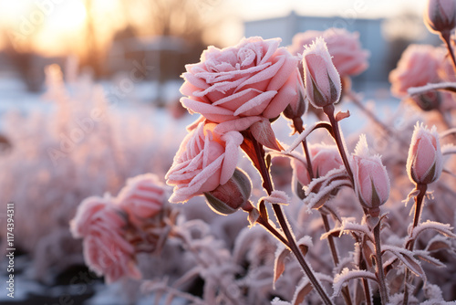 delicate harmony of blossoming flowers and early morning frosts captures essence of a diverse floral landscape, enchanting coldness, and simultaneous transition between seasons photo