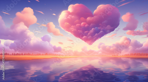 Heart-Shaped Pink Clouds at Sunset, Digital Art and Colorful Cartoon Style, Creating a Warm and Dreamy Atmosphere with High Resolution Sky.