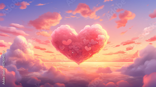 Heart-Shaped Pink Clouds at Sunset, Digital Art and Colorful Cartoon Style, Creating a Warm and Dreamy Atmosphere with High Resolution Sky.