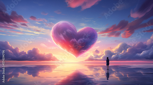 Heart-Shaped Pink Clouds at Sunset, Digital Art and Colorful Cartoon Style, Creating a Warm and Dreamy Atmosphere with High Resolution Sky.