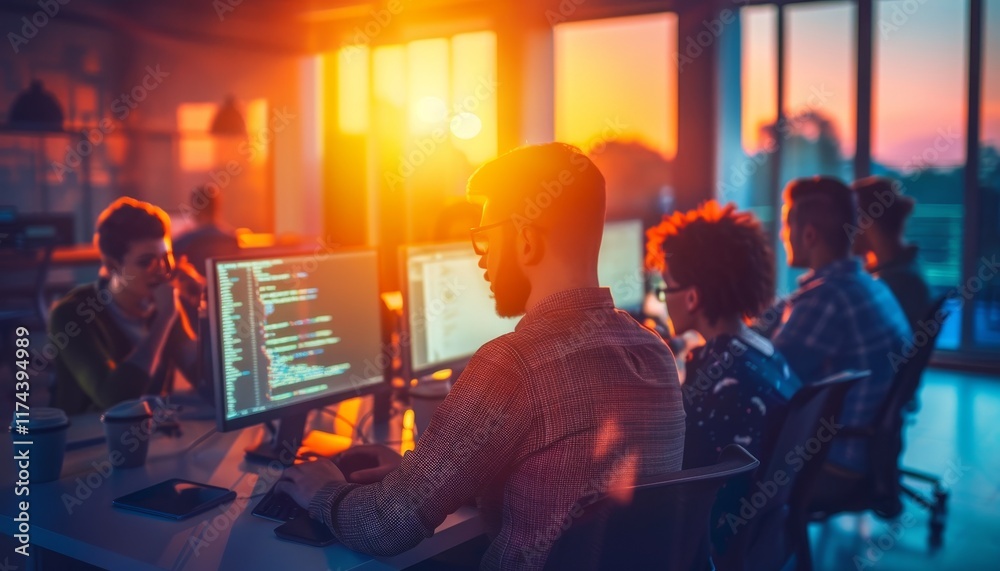 Collaborative software development team engaged in code discussion in modern open workspace Collaborative software development team engaged in code discussion in modern open workspace