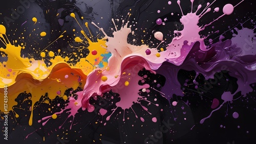 Dynamic paint explosion showcasing dripping yellow, magenta, and deep purple hues. Great for contemporary branding, expressive visuals, and digital artwork.