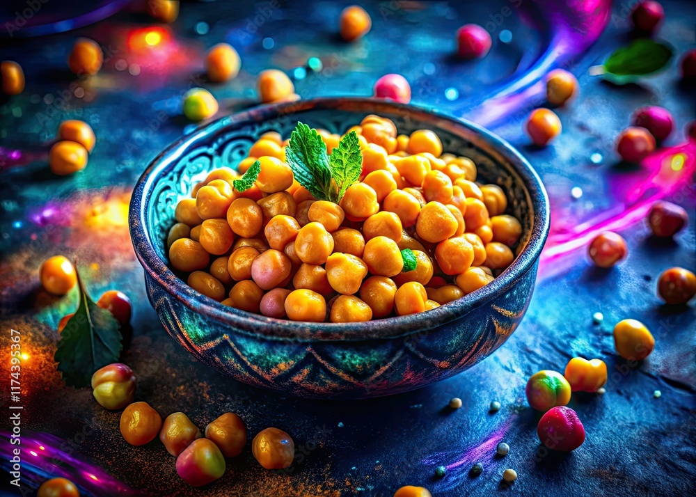 Naklejka premium Surreal Chickpea Bowl: Closeup Macro Photography of Boiled Chickpeas in a Bowl, Artistic Food Photo, Dreamlike Texture