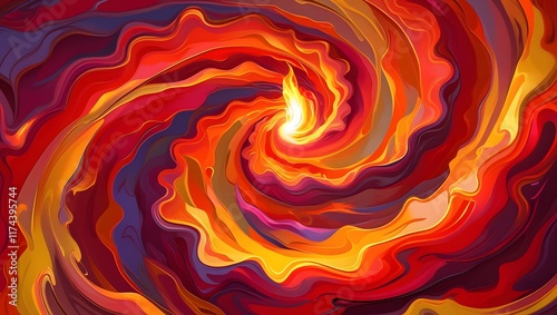 Fiery abstract swirl featuring bold reds, oranges, and yellows blending into deep blue tones. Ideal for creativity, energy, and inspiring artwork.