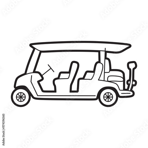 black and white line art, simple multi passenger golf cart side view