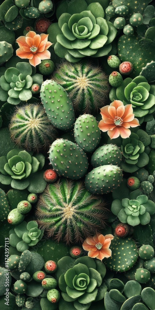 Fototapeta premium Lush collection of succulents and cacti in vibrant green hues, featuring various shapes and sizes, with some blooming flowers.