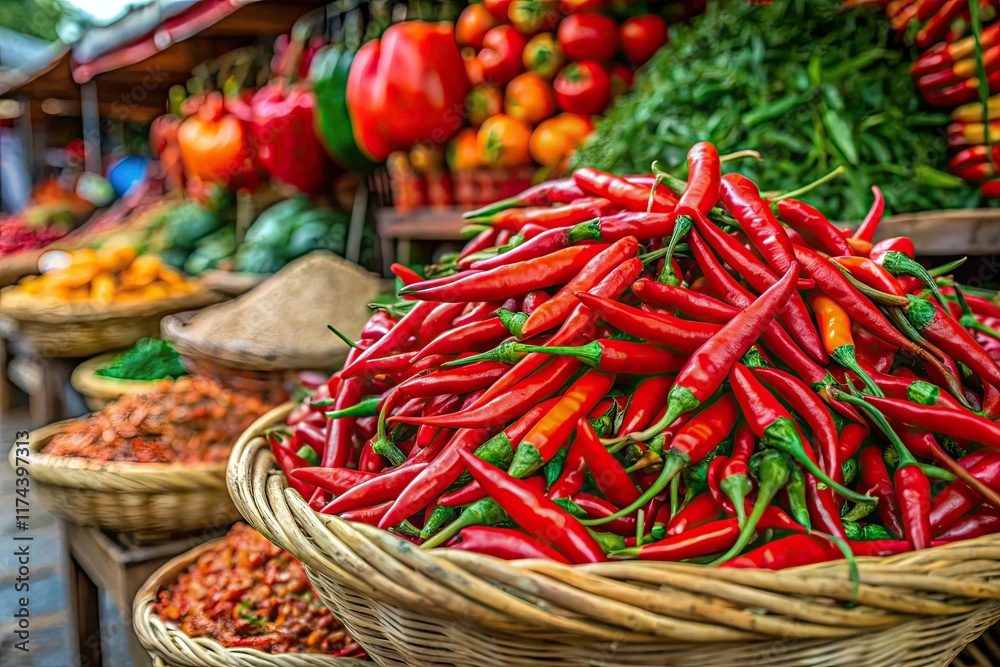 Fototapeta premium Vietnam Chili Peppers Market Basket - Vibrant Red Chilis, Asian Produce, Street Food, Vegetable Vendor
