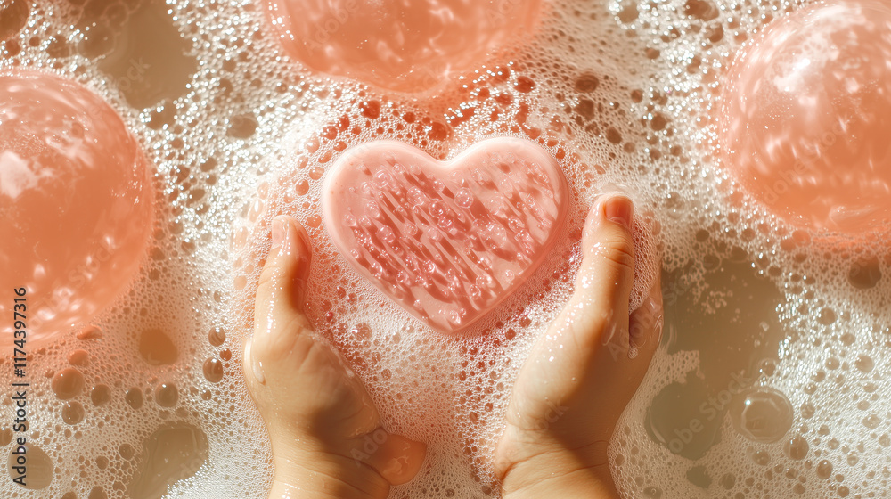 Fototapeta premium Adorable Child Scrubbing Hands with Pink Heart Soap and Foam.
