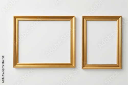 two golden frames on a white wall with a white background