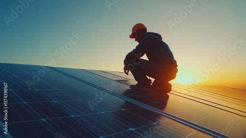 A man in an orange hat is kneeling on a solar panel