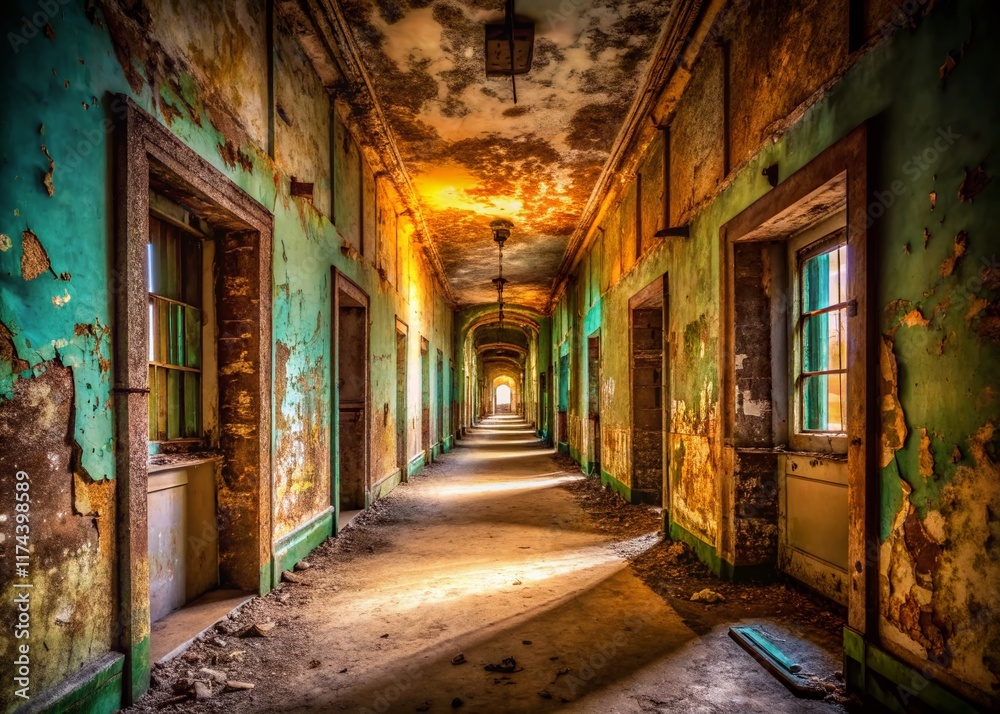 Fototapeta premium Abandoned Building Long Empty Corridor, Urban Exploration Photography, Dark, Mysterious, Decaying Interior