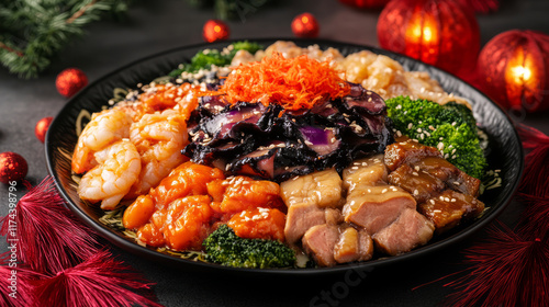 Traditional Chinese seafood casserole with abalone, fish, shrimp and assorted delicacies served in black pot with red lantern decoration photo