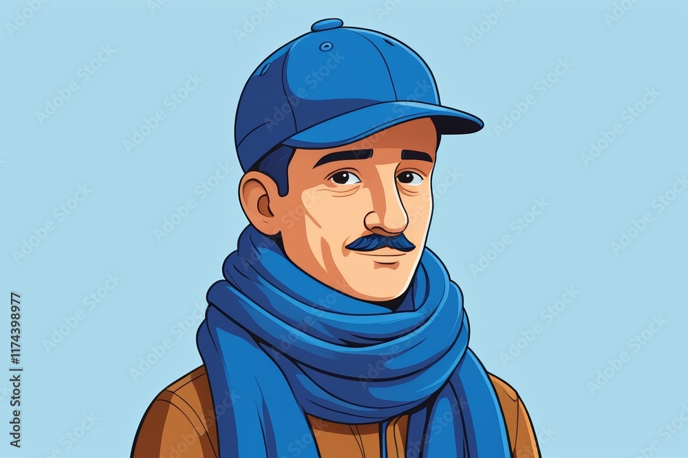 Obraz premium cartoon man with a mustache wearing a blue scarf and a cap