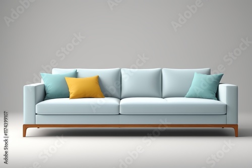 arafed couch with pillows and a yellow pillow on a gray background photo