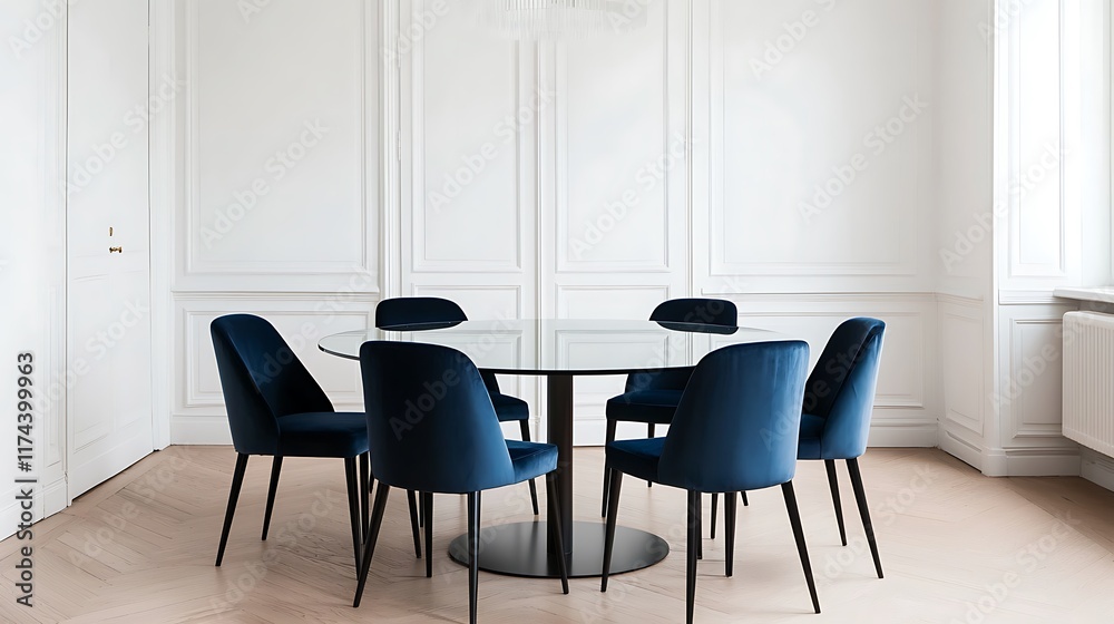 A modern dining area featuring a round glass table surrounded by sleek navy blue chairs against a minimalist white backdrop. A modern dining area featuring a round glass table surrounded by sleek navy blue chairs against a minimalist white backdrop.