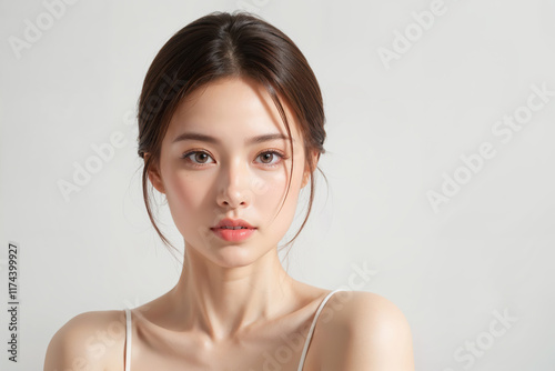 A woman with a short, straight, dark brown hair and a white tank top