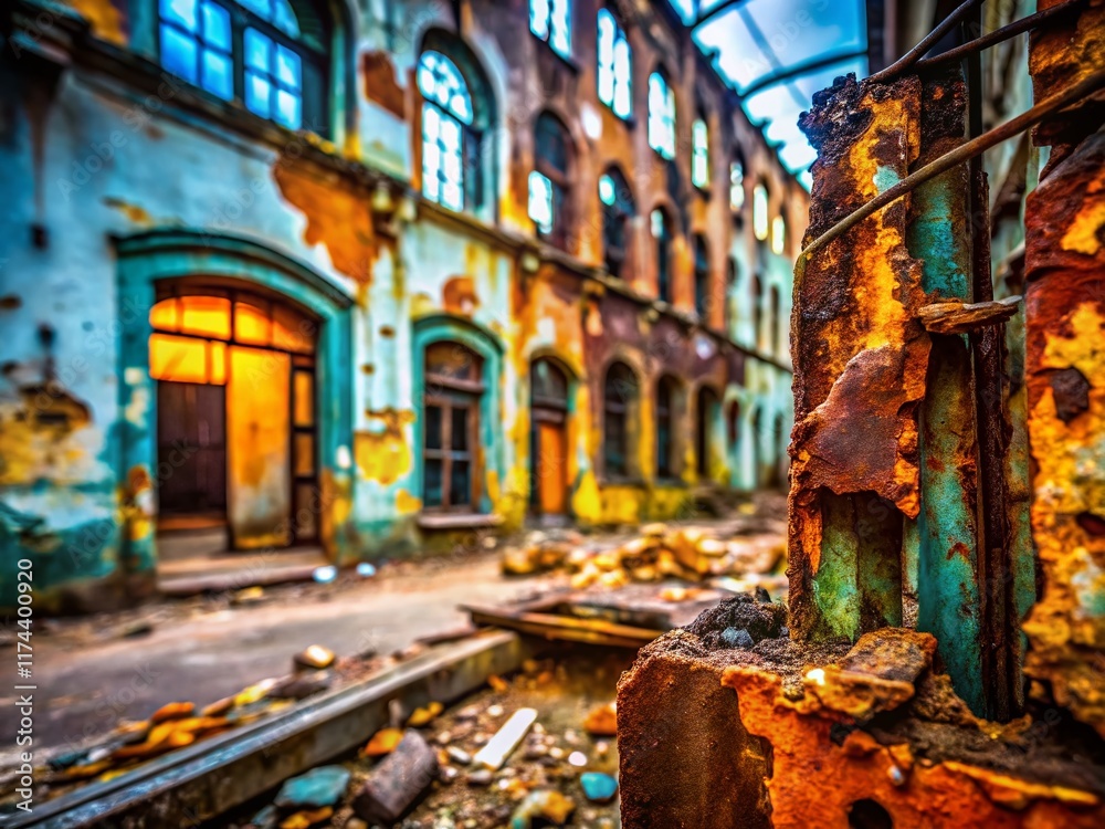 Fototapeta premium Abandoned Urban Building Exploration - Blurred Background, Mysterious Decay