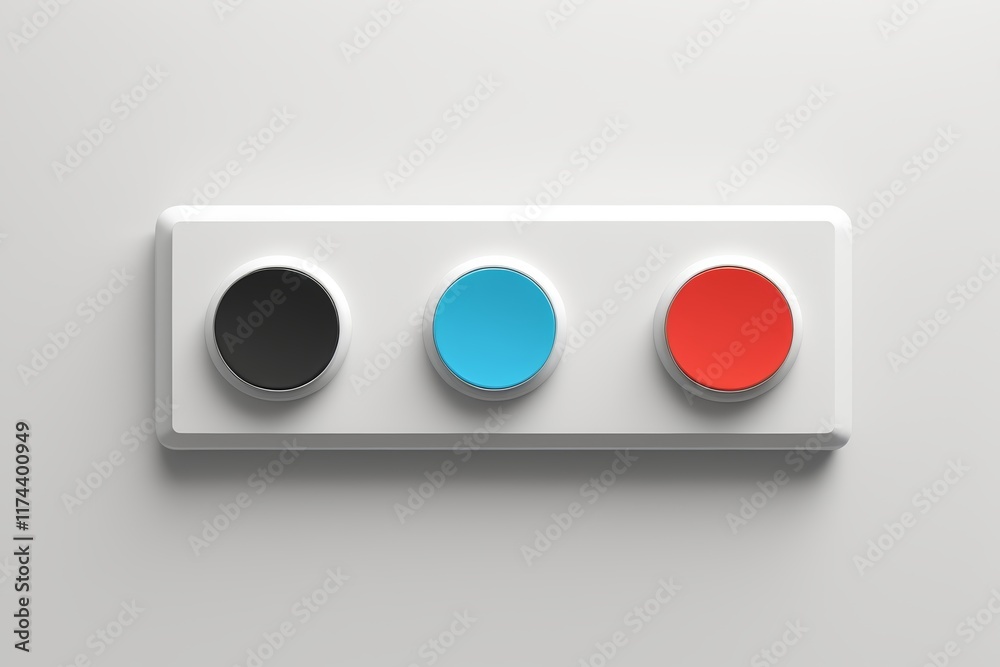 there are three buttons on a white wall with a red one and blue one there are three buttons on a white wall with a red one and blue one