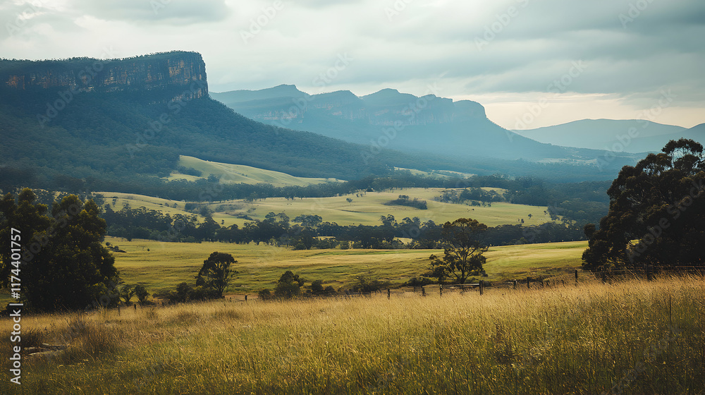 Fototapeta premium Rolling Hills and Dramatic Mountain Range Landscape
