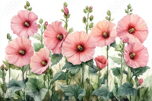 Fototapeta Naklejka Na Ścianę i Meble -  A watercolor illustration of pink hollyhocks in full bloom, showcasing their beauty and detail.