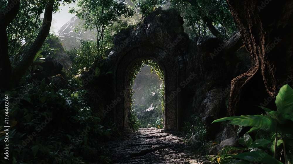 Obraz premium Ancient Stone Archway in Lush Jungle: A Mysterious Path Beckons