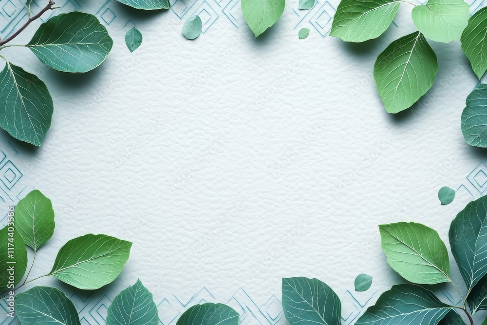 Fototapeta premium Fresh green leaves arranged in a decorative border on textured paper.