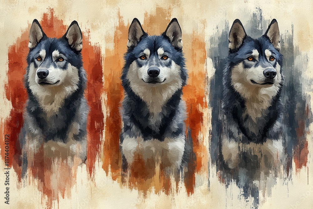 Obraz premium A stylized illustration of a dog, presented in three color variations.