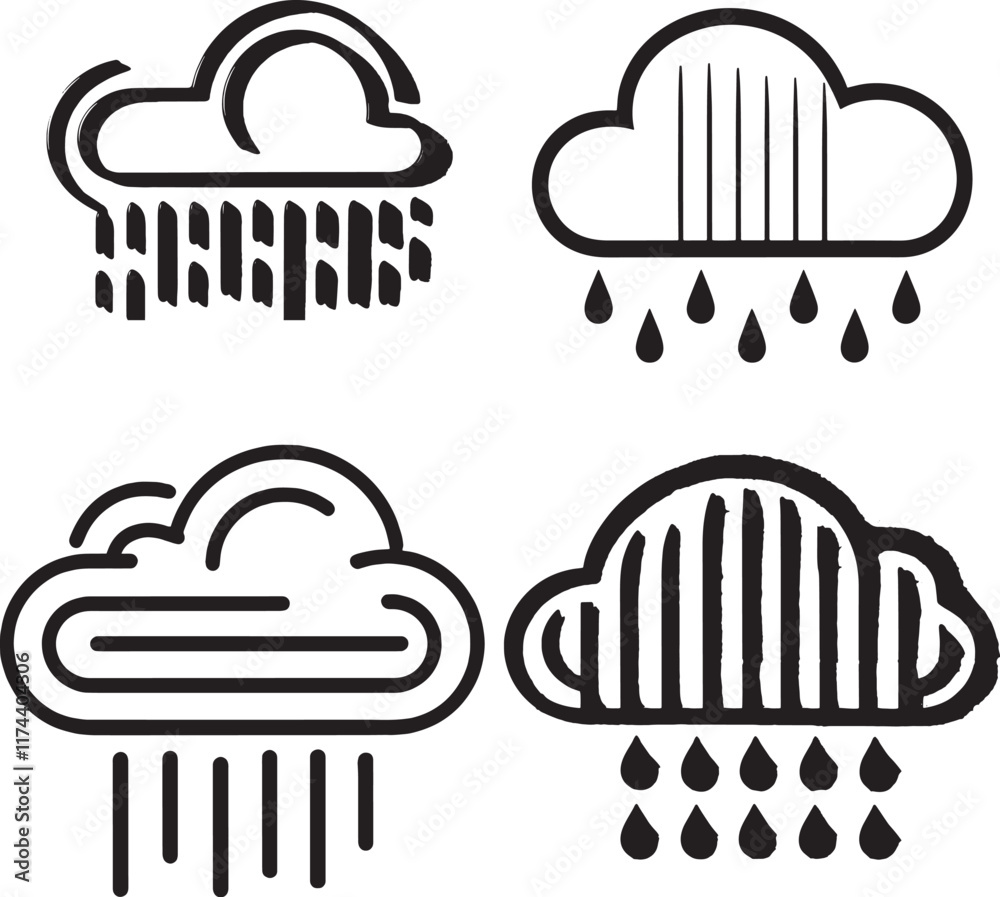 Weather icons showing clouds rain and wind in black and white