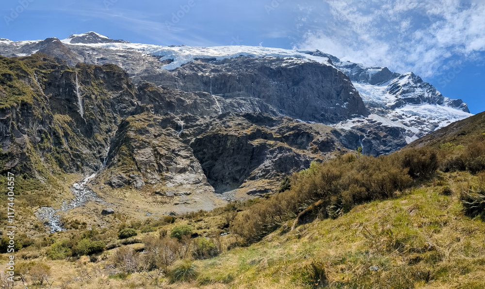 Rob Roy Glacier with stunning cliffs, peaks and waterfalls near Wanaka New Zealand 