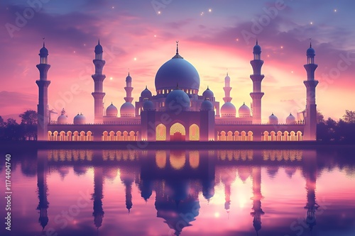 Majestic Mosque Reflecting in Sunset Waters photo