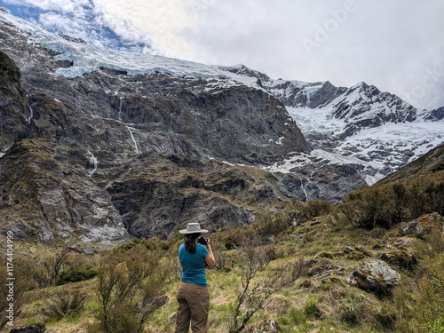 Rob Roy Glacier with stunning cliffs, peaks and waterfalls near Wanaka New Zealand 