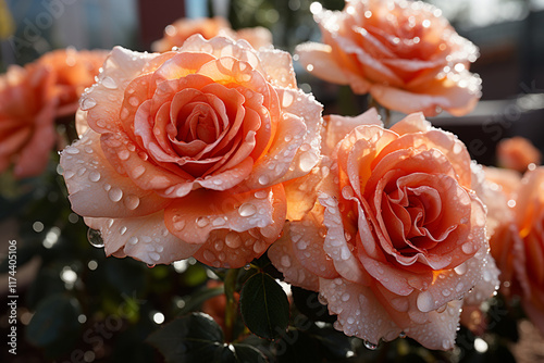 exquisite allure of flowers covered in dew, displaying shimmering droplets on their petals, illuminated by soft morning sunlight, capturing invigorating essence of nature in full bloom photo