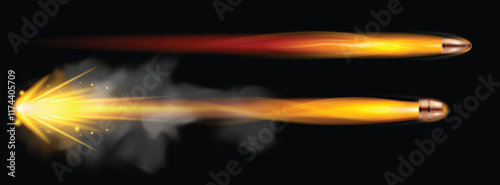 Set illustration of two bullets in motion, leaving behind bright, fiery trails as they shoot through the air. The top bullet travels in a straight path, while the bottom bullet is accompanied by smoke