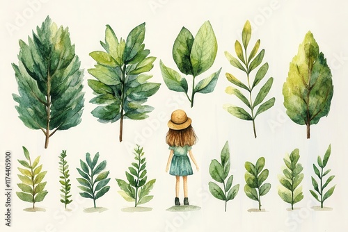 A watercolor illustration featuring a girl surrounded by various types of leaves and plants.