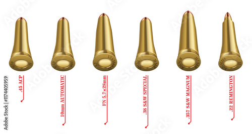 Set illustration of variety of firearm bullet cartridges, providing a comparison of different calibers. The cartridges range from the .45 ACP to the .22 Remington, including calibers such as the 10mm