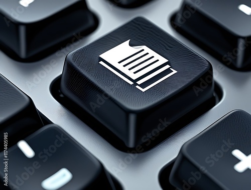 Digital documentation concept featuring a keyboard key with an icon of a document stack symbolizing efficient file management, paperless workflows, modern data storage, and seamless online organizatio photo