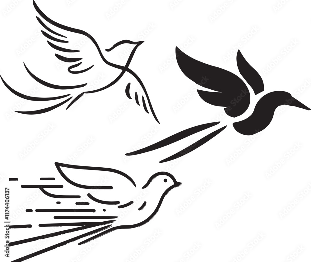 Obraz premium Black and white birds flying with detailed wings spread out