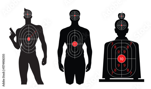 Set illustration of three black silhouette shooting targets. The first silhouette on the left depicts a person holding a gun, with a target focused on the chest and head areas. The middle silhouette