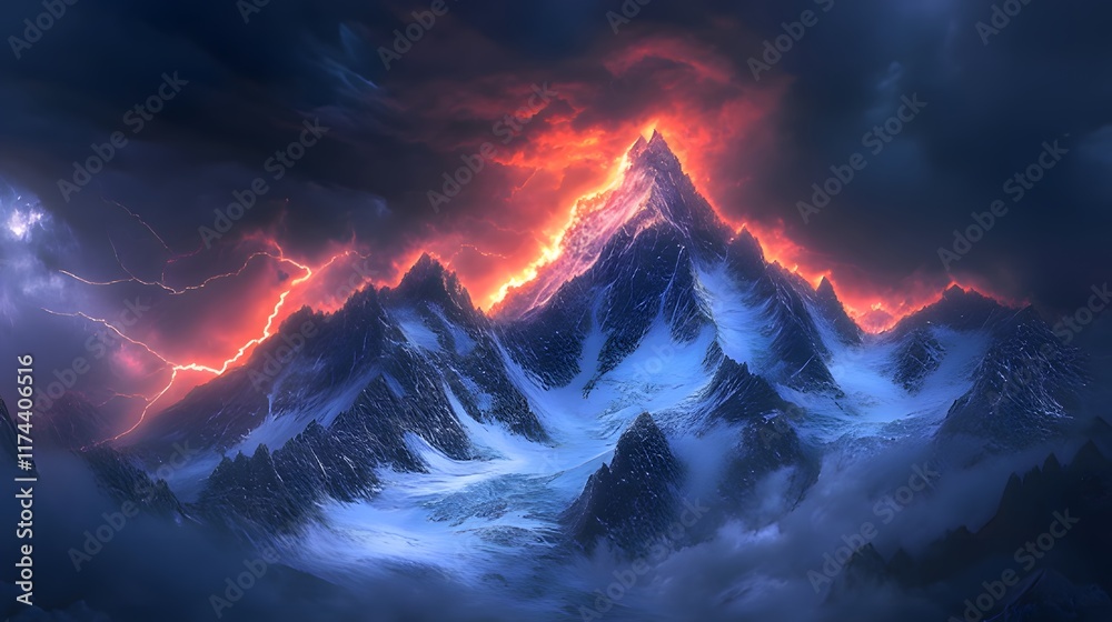 A dramatic mountain landscape illuminated by fiery light and stormy skies. A dramatic mountain landscape illuminated by fiery light and stormy skies.