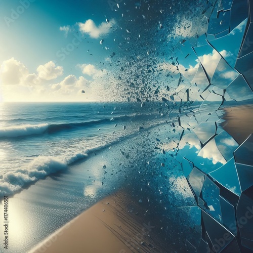 A shattered mirror effect of a serene beach with waves and sand