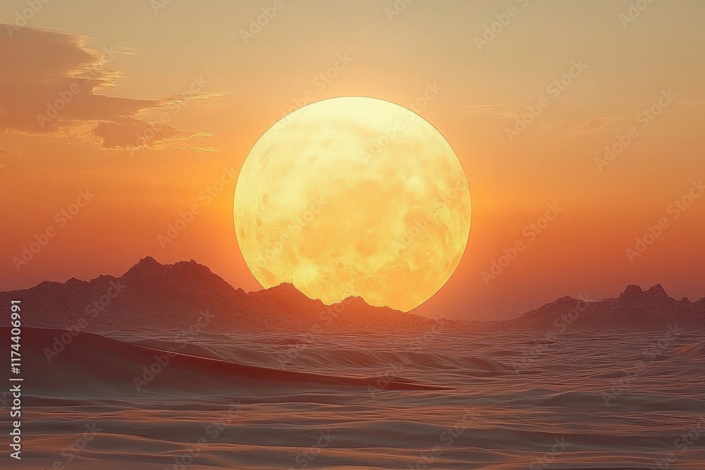 Fototapeta premium Large yellow moon rising over a desert landscape at sunset.
