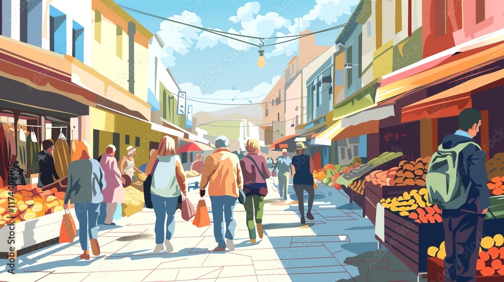 Obraz premium A colorful illustration of a bustling marketplace, filled with people and colorful produce.
