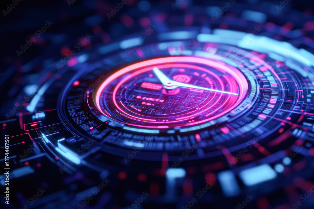 A clock is shown in a colorful, abstract design A clock is shown in a colorful, abstract design