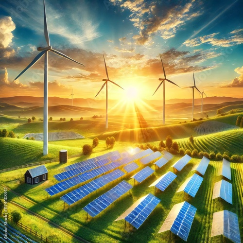 A scenic landscape with wind turbines, solar panels, and a beautiful sunset. The image shows a rural countryside setting with rolling hills, a small house, and a vibrant sky with dramatic clouds.