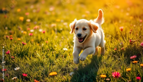 golden retriever in the grass a puppy running in a field with a yellow lab running through it