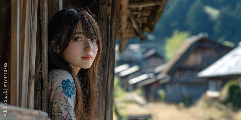 A beautiful Japanese girl with long hair, wearing a shirt and shorts, looks out the window of an old wooden hous, generative AI A beautiful Japanese girl with long hair, wearing a shirt and shorts, looks out the window of an old wooden hous, generative AI