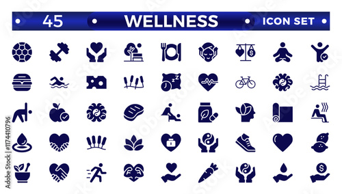 Set of solid icons related to wellness, wellbeing, mental health, healthcare, cosmetics, spa, medical, massage, yoga, spa, relaxation,  exercise, diet,. Solid icon collection. Wellness icon set. 

