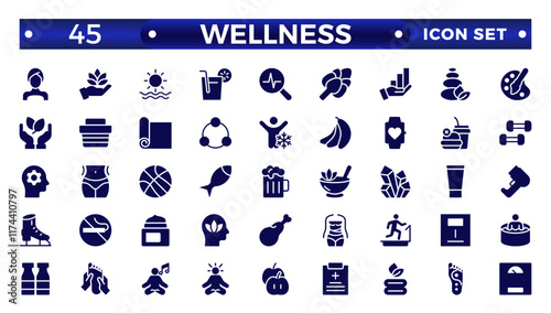 Set of solid icons related to wellness, wellbeing, mental health, healthcare, cosmetics, spa, medical, massage, yoga, spa, relaxation,  exercise, diet,. Solid icon collection. Wellness icon set. 
