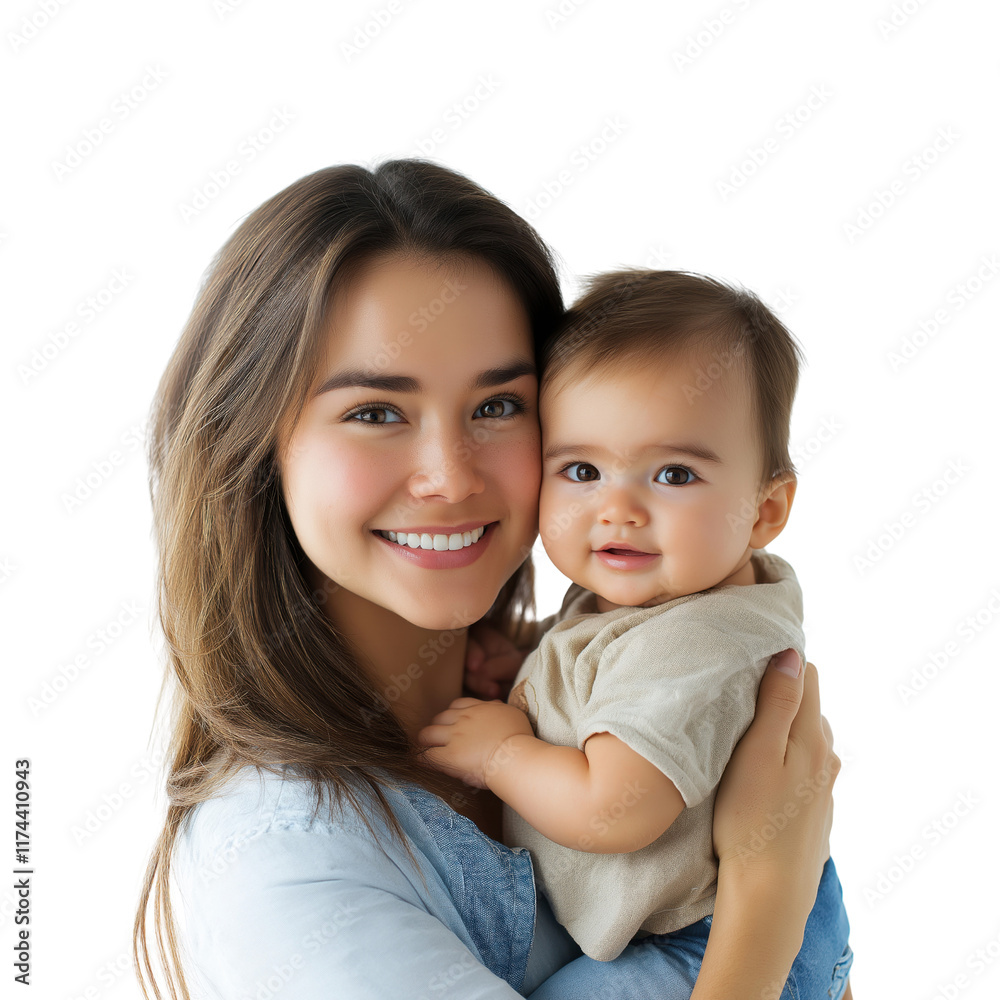 Mother's Love: A portrait of pure affection, a young mother cradles her baby, both beaming with radiant smiles. A tender moment captured, radiating warmth and happiness. Mother's Love: A portrait of pure affection, a young mother cradles her baby, both beaming with radiant smiles. A tender moment captured, radiating warmth and happiness.