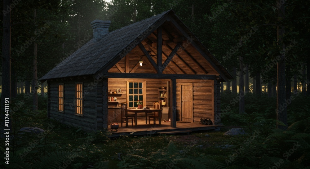 Cozy Log Cabin in Dark Forest at Dusk Illuminated Interior Rustic Charm Cozy Log Cabin in Dark Forest at Dusk Illuminated Interior Rustic Charm